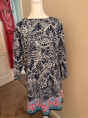 Lilly Pulitzer Navy and White Printed Shift Dress with Pink & Teal Border